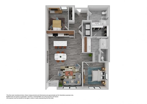 A floor plan of a house with a kitchen, living room, and two bedrooms.